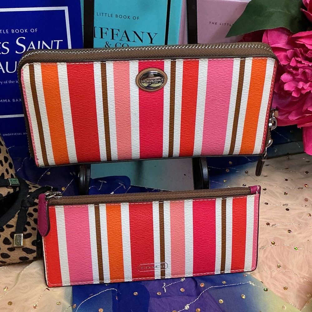 Coach Peyton Multi-Stripe Accordion Zip Vibrant Pink and Orange Striped Wallet